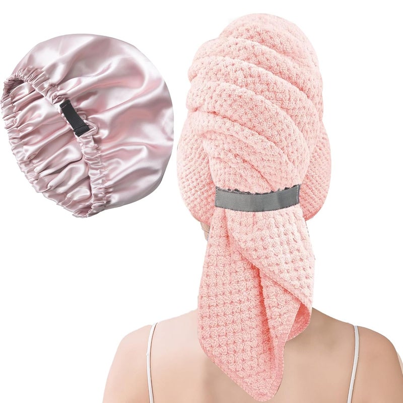 NeDKeN Large Microfiber Hair Towel Wrap & Satin Bonnet Set for Women, Ultra Absorbent Turban 24x42 Inches & Adjustable Night Cap for Curly Hair, Prevents Frizz & Breakage, Gifts for Women - Image 1